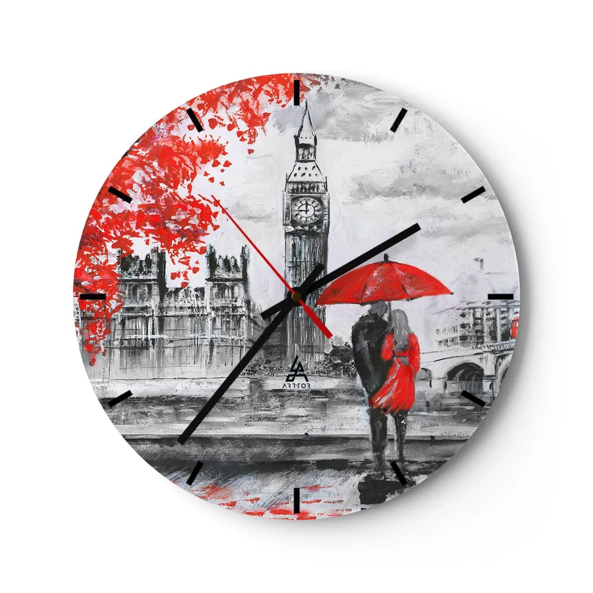 Relógio de parede - Relógio em vidro - Um casal sob um guarda-chuva vermelho com o Big Ben e o Parlamento ao fundo. - 30x30cm - Apaixonados em Londres - Decoração de parede moderna para a sala de estar, cozinha e quarto ARTTOR