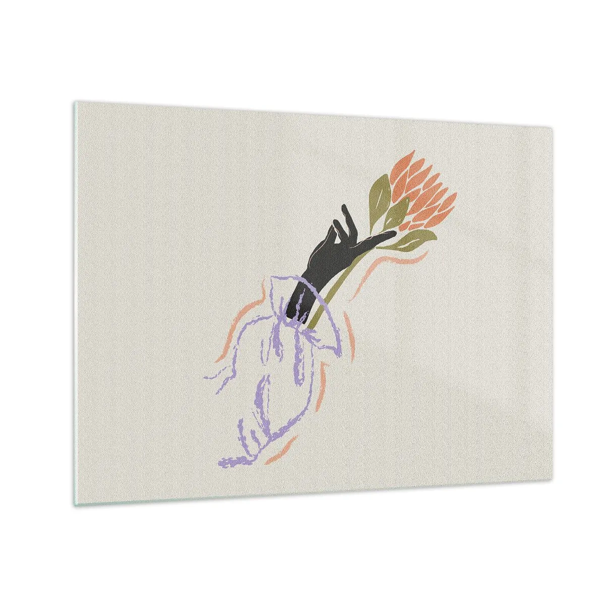 Quadro em vidro - Uma mão estilizada com um buquê de flores desenhado com linhas em tons pastéis. - 70x50cm - Toque fraterno - Decoração de parede moderna para a sala de estar e quarto ARTTOR