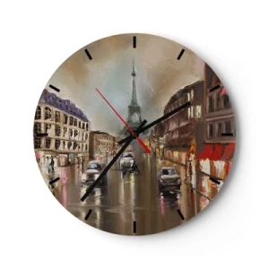 Relógio de parede - Relógio em vidro - A Torre Eiffel cercada por uma rua parisiense na chuva - 30x30cm - Só ela importa - Decoração de parede moderna para a sala de estar, cozinha e quarto ARTTOR