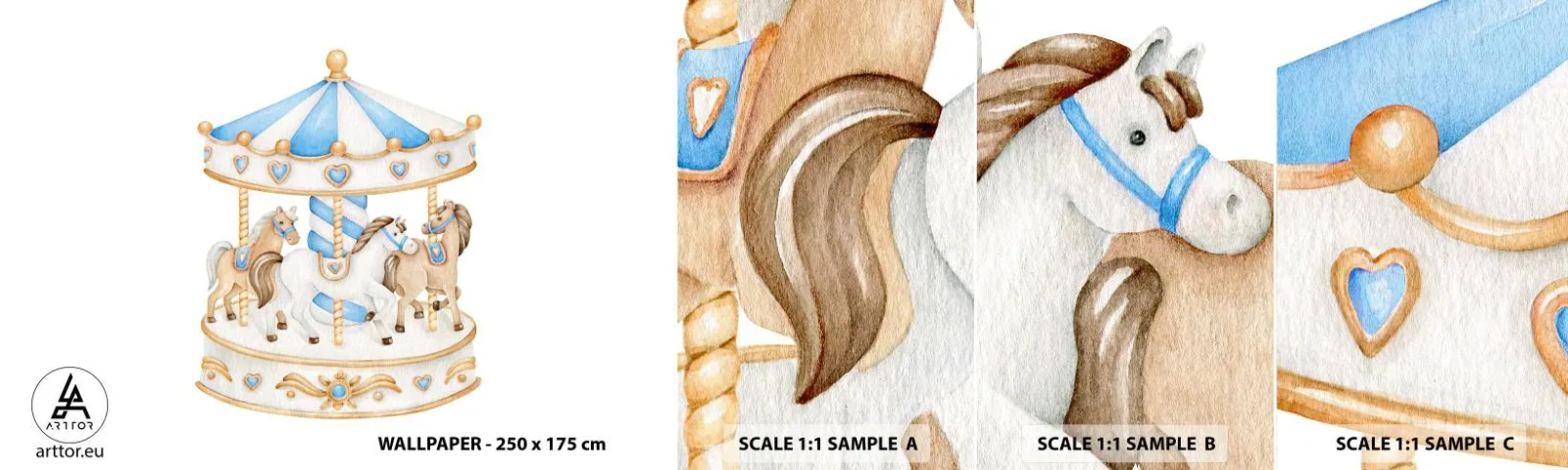 Amostra de Papel de Parede Standard Eco - Doce infância - Cavalos, Carrossel, Infantil - 100x30 cm