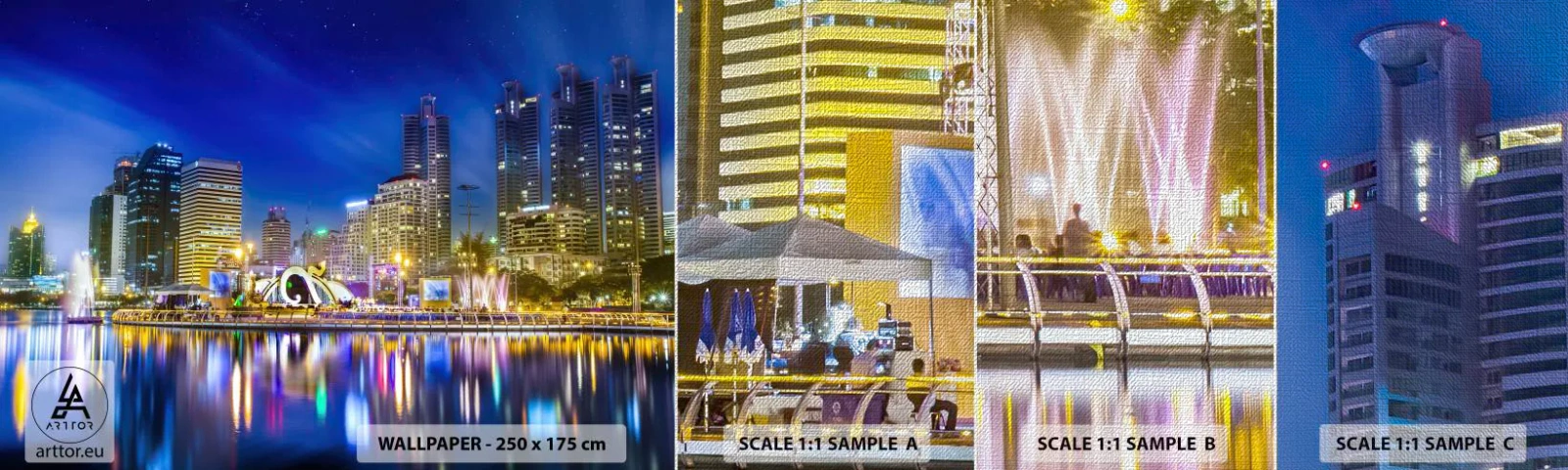 Amostra de papel de parede Premium Canvas - Noite arco-íris da metrópole - Cidade, Bangkok, Arquitetura - 100x30 cm