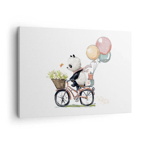 Quadro em tela - Panda em uma bicicleta com balões e flores - 70x50cm - Dia feliz - Decoração de parede moderna para a sala de estar e quarto ARTTOR