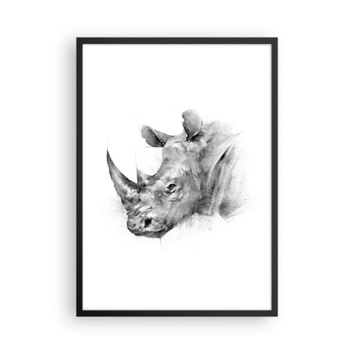 Pôster com moldura preta - Desenho gráfico de um rinoceronte em preto e branco - 50x70cm - Retrato africano - Decoração de parede moderna para a sala de estar e quarto ARTTOR