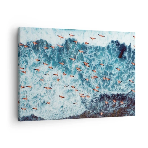 Quadro em tela - Uma vista aérea de flamingos cor-de-rosa sobre um oceano azul - 70x50cm - Desfile à beira-mar - Decoração de parede moderna para a sala de estar e quarto ARTTOR