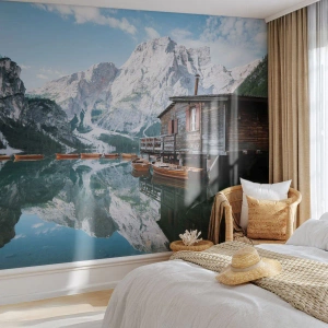 Papel de Parede Standard Eco - Manhã cristalina nas montanhas - Paisagem montanhosa, Sol, Lago - 350x256 cm
