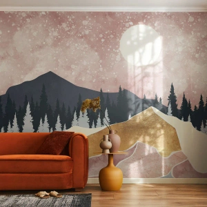 Papel de Parede Standard Eco - Paisagem montanhosa abstrata com lua e floresta - 100x70cm - Ronda Noturna - Decoração de parede moderna para a sala de estar e quarto ARTTOR