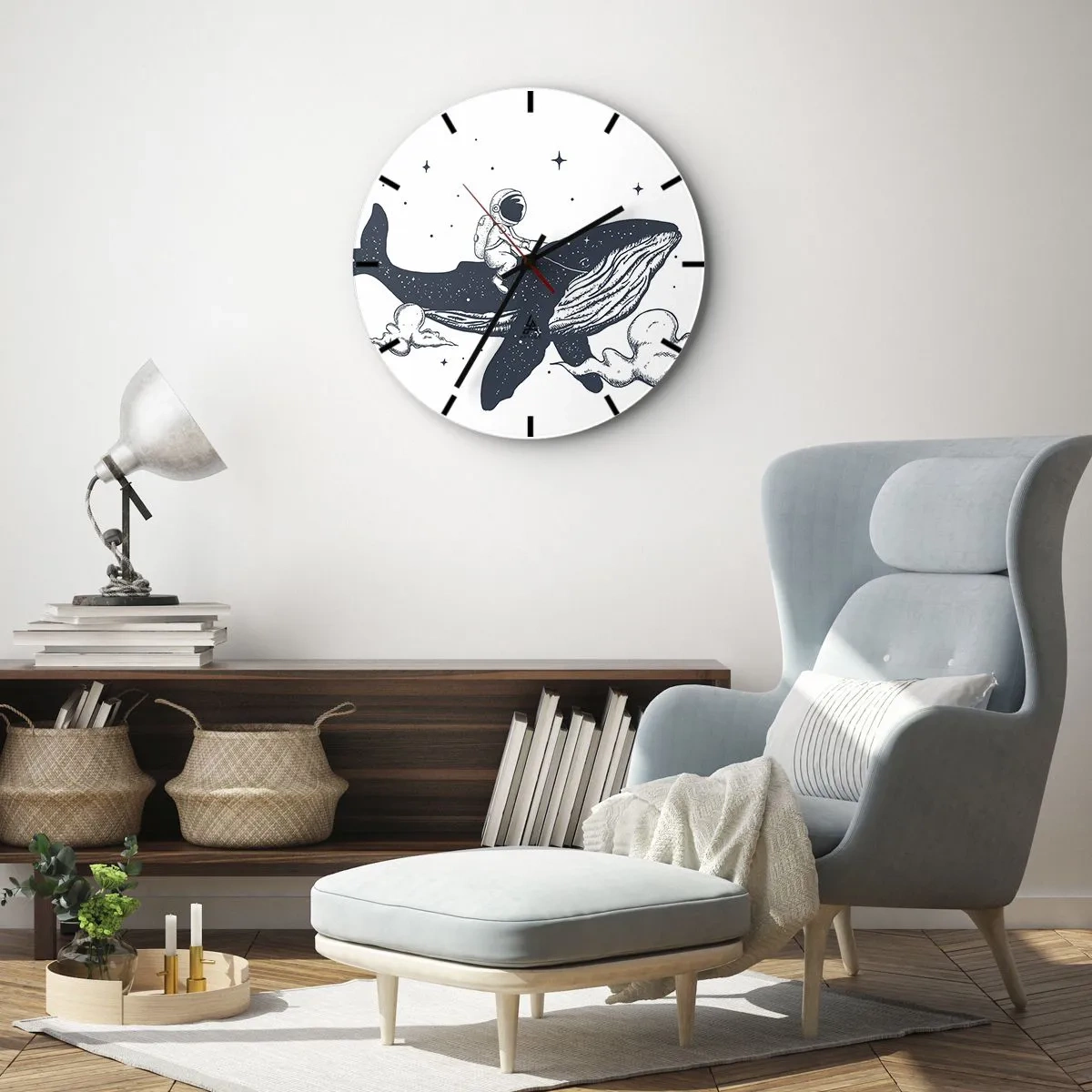 Relógio de parede - Relógio em vidro - Astronauta cavalgando uma baleia no espaço - 30x30cm - Aventura espacial - Decoração de parede moderna para a sala de estar, cozinha e quarto ARTTOR
