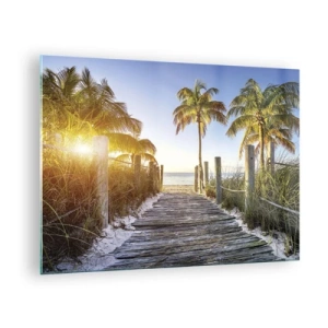 Quadro em vidro - Caminho de madeira na praia cercado por palmeiras - 70x50cm - Direto para o paraíso - Decoração de parede moderna para a sala de estar e quarto ARTTOR