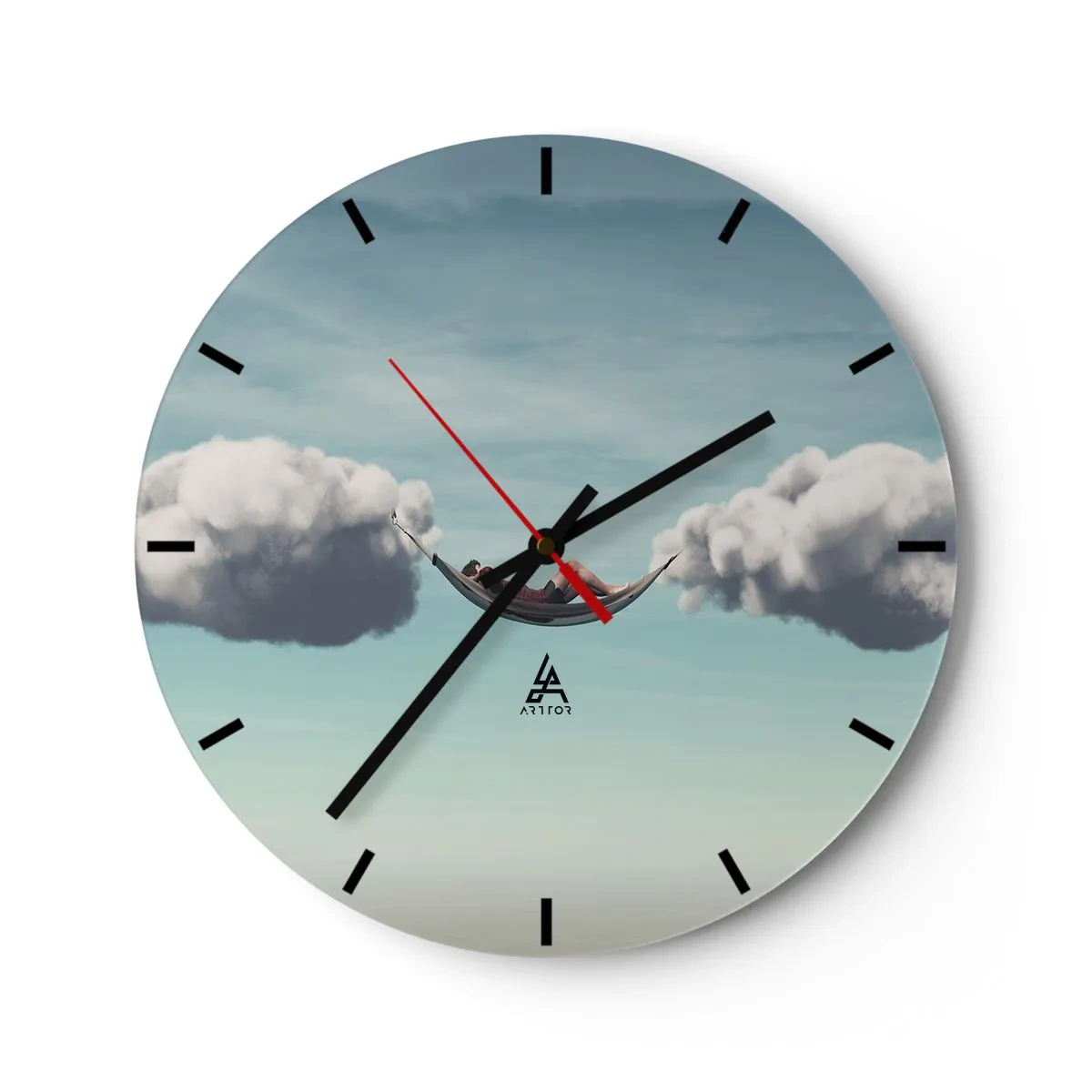 Relógio de parede - Relógio em vidro - Uma rede suspensa nas nuvens - 30x30cm - A felicidade do momento - Decoração de parede moderna para a sala de estar, cozinha e quarto ARTTOR