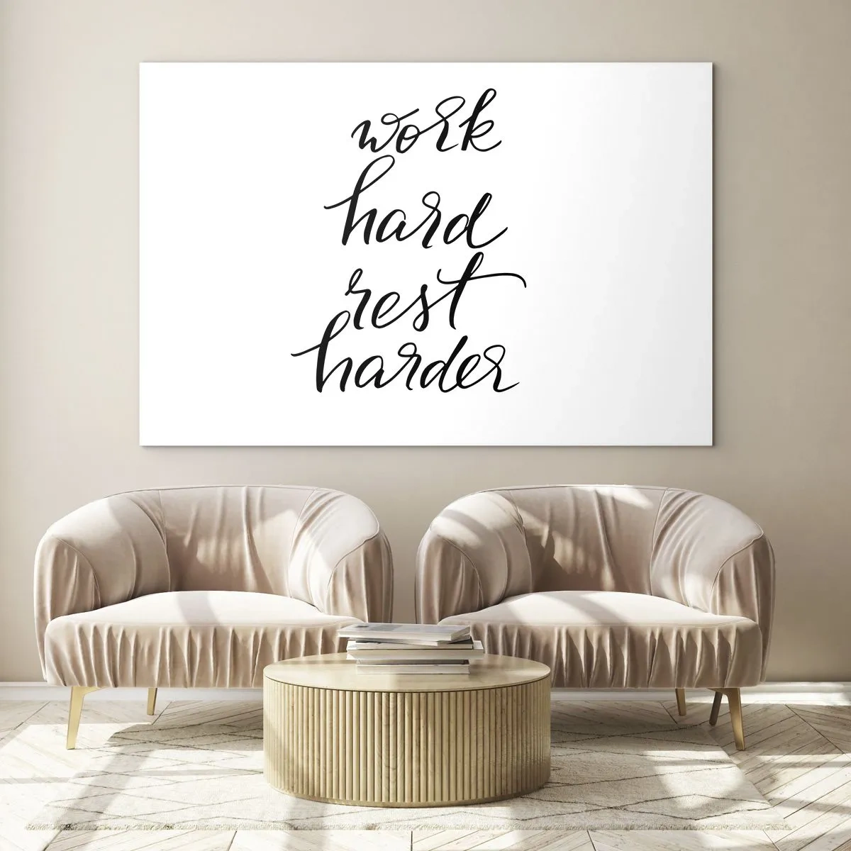 Quadro em vidro - Inscrição tipográfica 'trabalhe duro, descanse mais duro' em uma fonte elegante - 70x50cm - Equilíbrio da vida - Decoração de parede moderna para a sala de estar e quarto ARTTOR