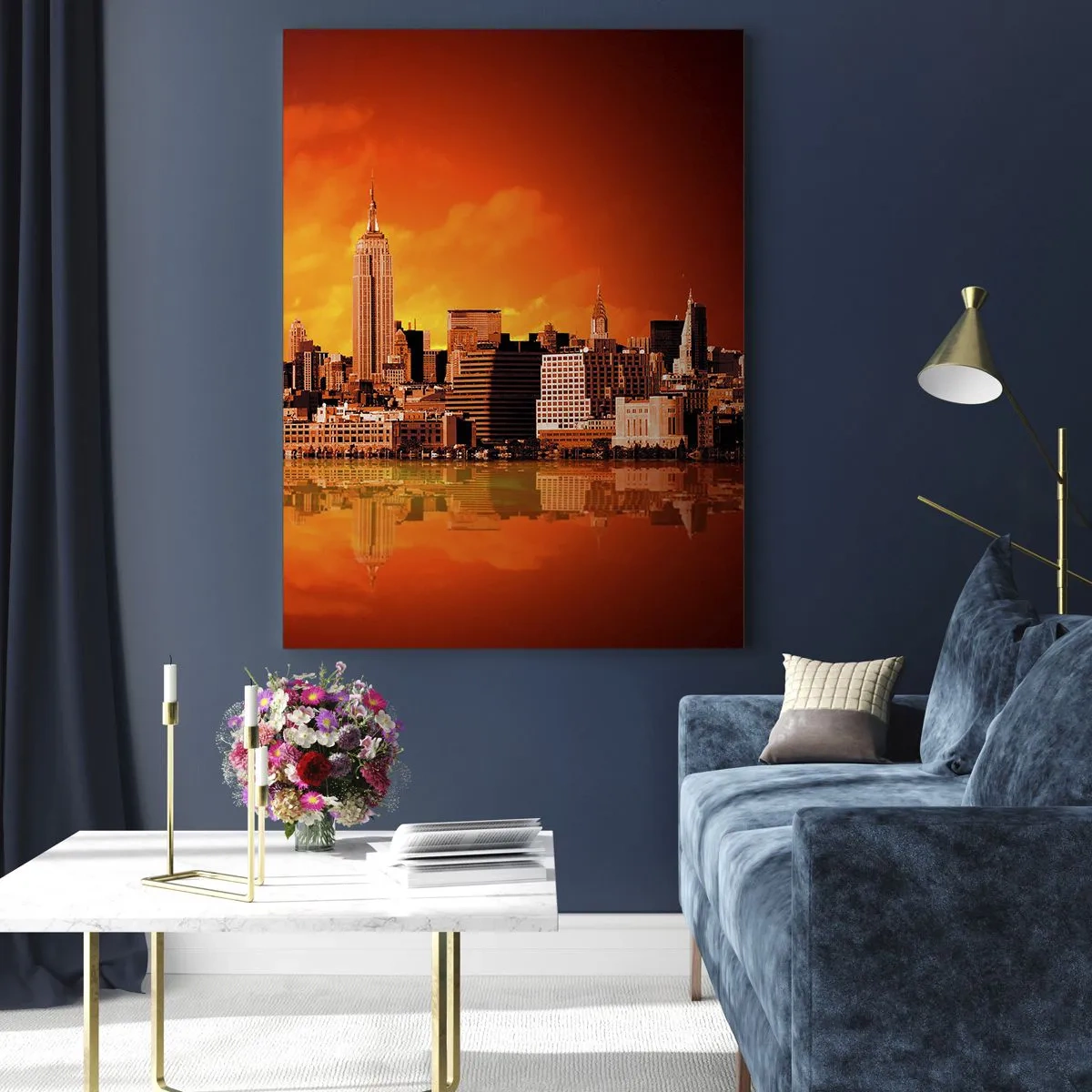Quadro em vidro - Panorama metropolitano em amarelo e bronze - 50x70 cm