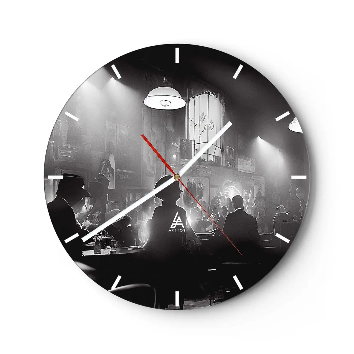 Relógio de parede - Relógio em vidro - Cena em preto e branco de um clube de jazz com silhuetas de convidados - 30x30cm - Em uma atmosfera de jazz - Decoração de parede moderna para a sala de estar, cozinha e quarto ARTTOR