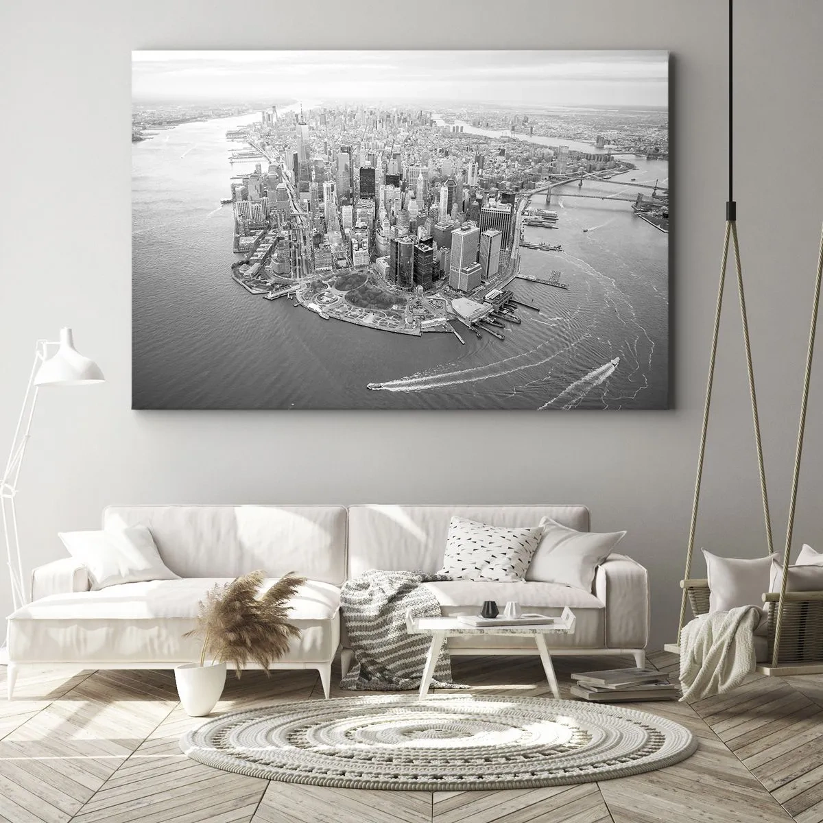 Quadro em tela - Vista aérea de Manhattan em preto e branco - 70x50cm - Como não amar? - Decoração de parede moderna para a sala de estar e quarto ARTTOR