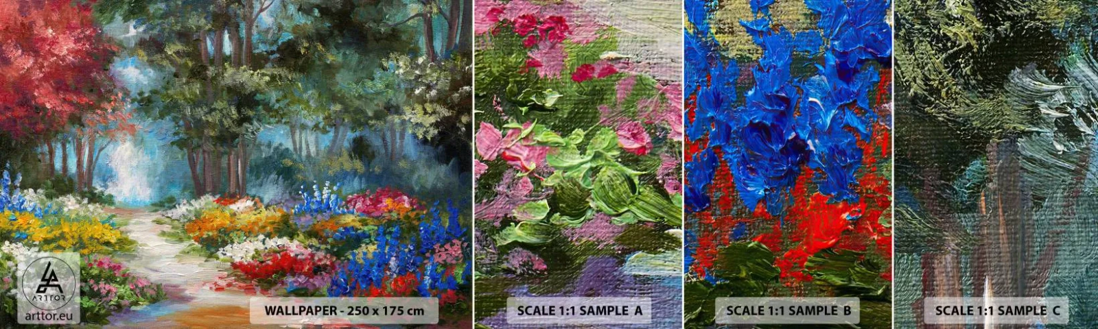 Amostra de papel de parede autocolante Deluxe Sticker - Jardim florestal, floresta florida - Paisagem, Parque, Flores - 100x30 cm