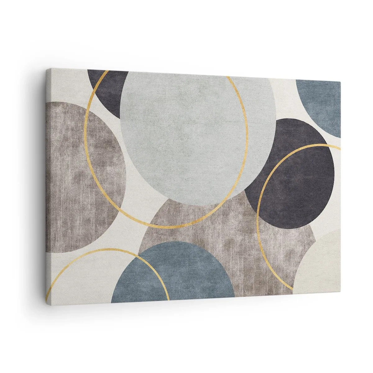 Quadro em tela - Círculos geométricos em tons de cinza, azul e dourado - 70x50cm - Roda por roda - Decoração de parede moderna para a sala de estar e quarto ARTTOR
