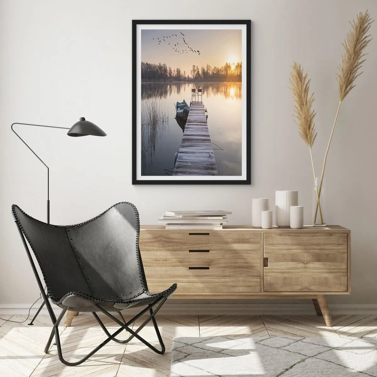 Pôster com moldura preta - Píer à beira do lago ao nascer do sol - 50x70cm - Voltarei dentro de algum tempo - Decoração de parede moderna para a sala de estar e quarto ARTTOR
