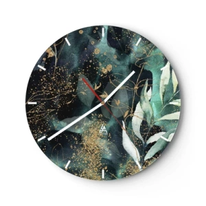 Relógio de parede - Relógio em vidro - Folhas verdes e detalhes dourados em fundo escuro - 30x30cm - Jardim Mágico - Decoração de parede moderna para a sala de estar, cozinha e quarto ARTTOR