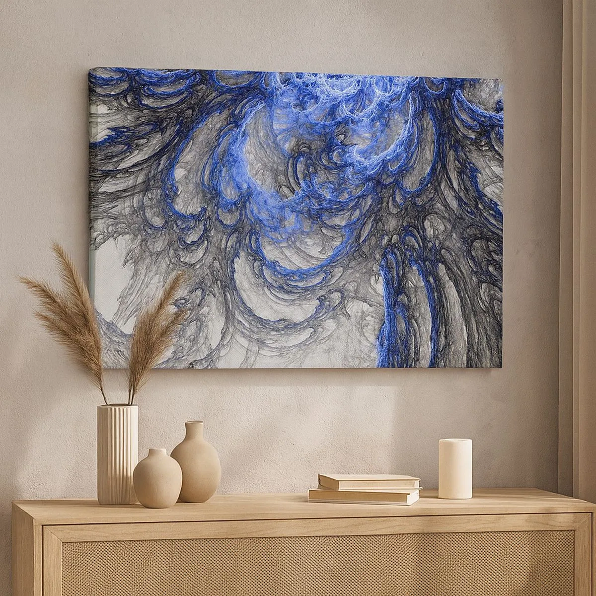Quadro em tela - Ondas abstratas em tons de azul e cinza - 70x50cm - O nascimento de uma onda - Decoração de parede moderna para a sala de estar e quarto ARTTOR