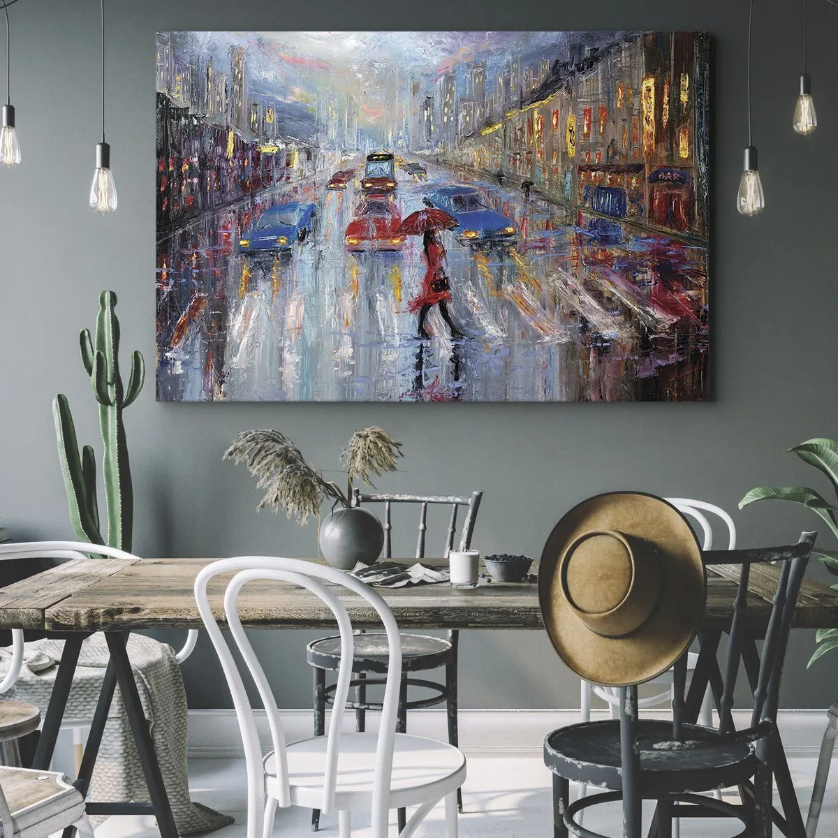 Quadro em tela - Uma mulher com um guarda-chuva em uma rua chuvosa sob luz neon. - 70x50cm - Tarde chuvosa na cidade - Decoração de parede moderna para a sala de estar e quarto ARTTOR