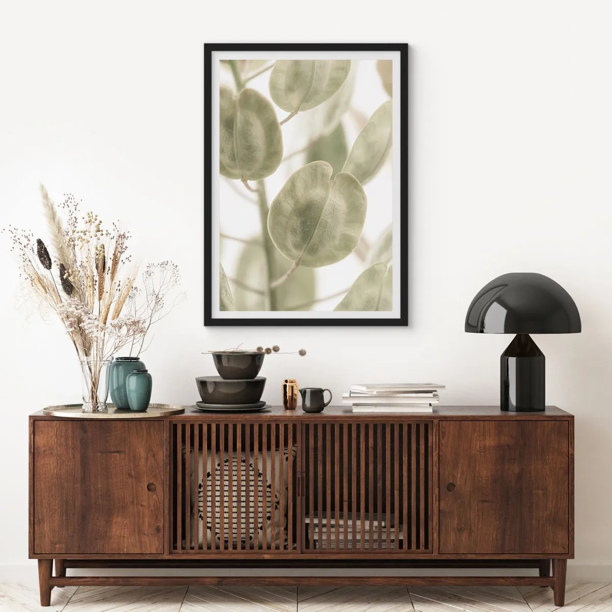 Pôster com moldura preta - Close-up de folhas verdes sob luz natural - 50x70cm - No começo eram folhas... - Decoração de parede moderna para a sala de estar e quarto ARTTOR