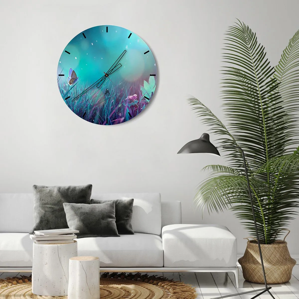Relógio de parede - Relógio em vidro - Borboleta na grama à luz de cores pastéis e flashes - 30x30cm - A vida secreta do prado - Decoração de parede moderna para a sala de estar, cozinha e quarto ARTTOR