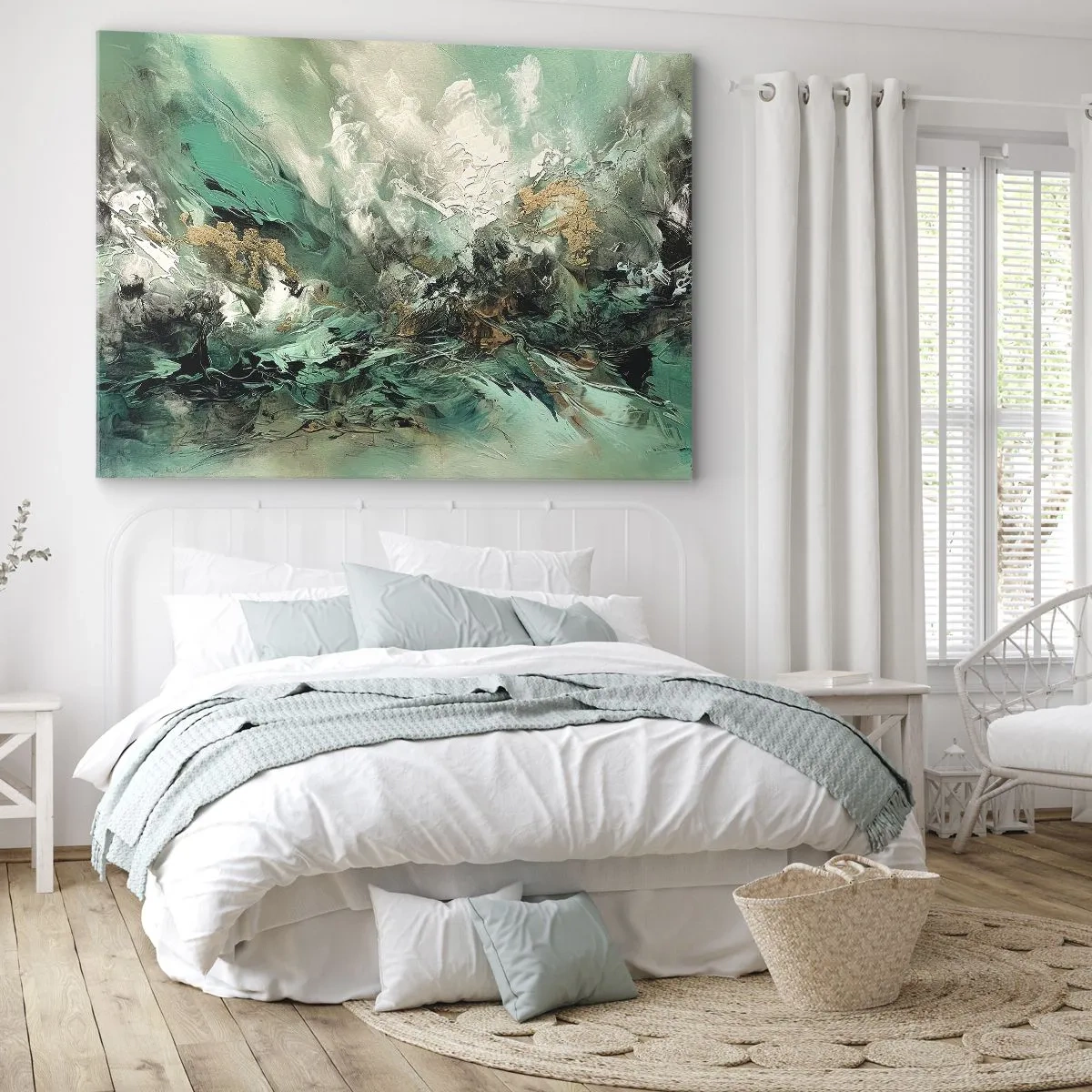 Quadro em tela - Paisagem abstrata em tons de verde e dourado - 70x50cm - Surf esmeralda e preto - Decoração de parede moderna para a sala de estar e quarto ARTTOR