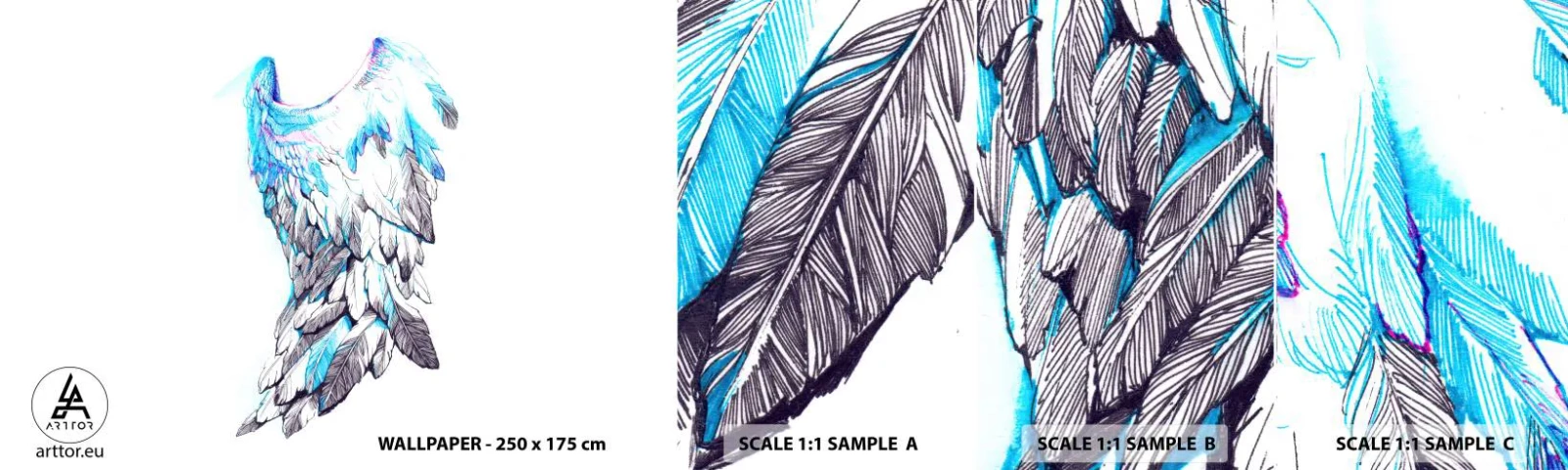 Amostra de Papel de Parede Standard Eco - Preciso de asas - Abstração, Asa do pássaro, Penas de pássaros - 100x30 cm