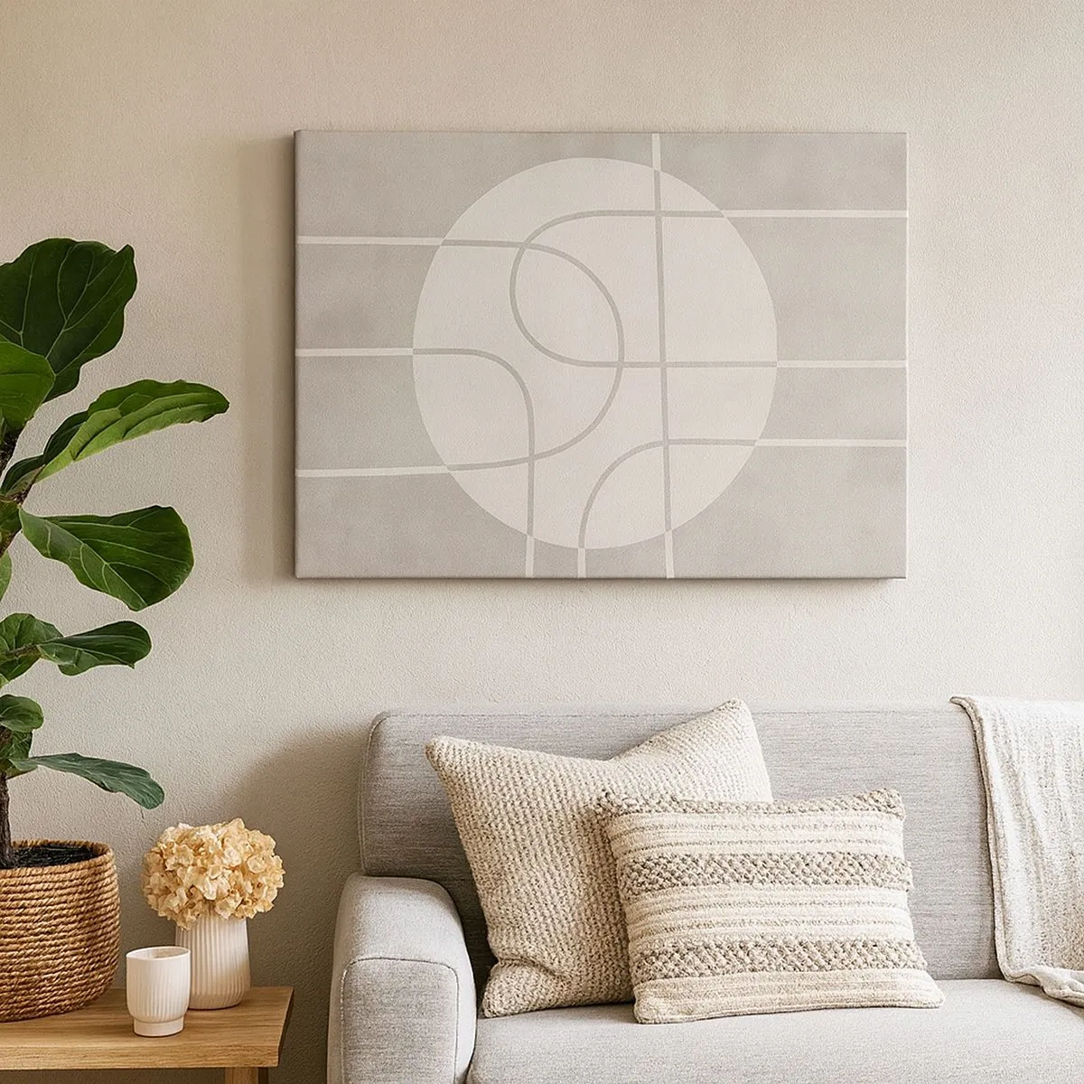 Quadro em tela - Padrão geométrico em tons de cinza e branco - 70x50cm - Circular e direto - Decoração de parede moderna para a sala de estar e quarto ARTTOR