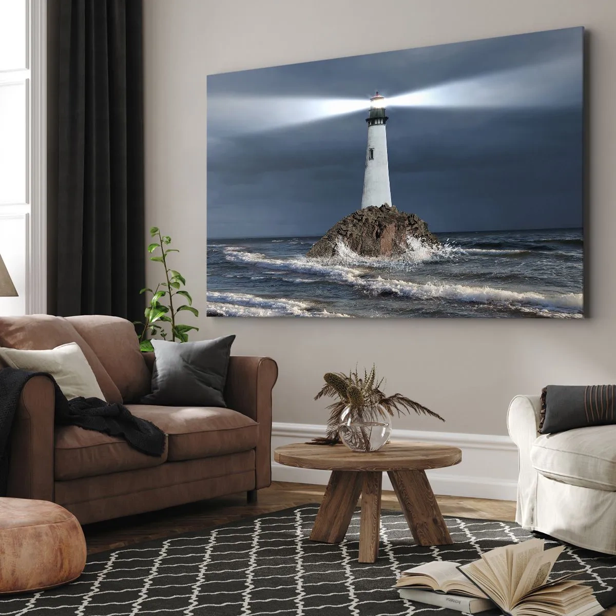 Quadro em tela - Um farol em uma rocha cercada por um mar tempestuoso - 70x50cm - Aqui... aqui... aqui! - Decoração de parede moderna para a sala de estar e quarto ARTTOR