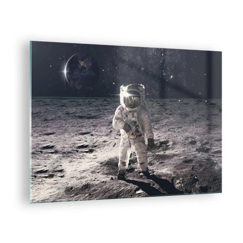 Quadro em vidro - Astronauta na superfície da Lua com a Terra ao fundo - 70x50cm - Saudações da Lua - Decoração de parede moderna para a sala de estar e quarto ARTTOR