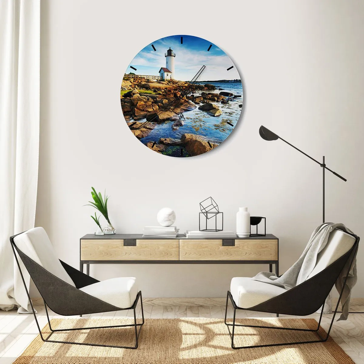 Relógio de parede - Relógio em vidro - Um farol em uma costa rochosa em um dia ensolarado - 30x30cm - Voltem bem, estou à espera - Decoração de parede moderna para a sala de estar, cozinha e quarto ARTTOR