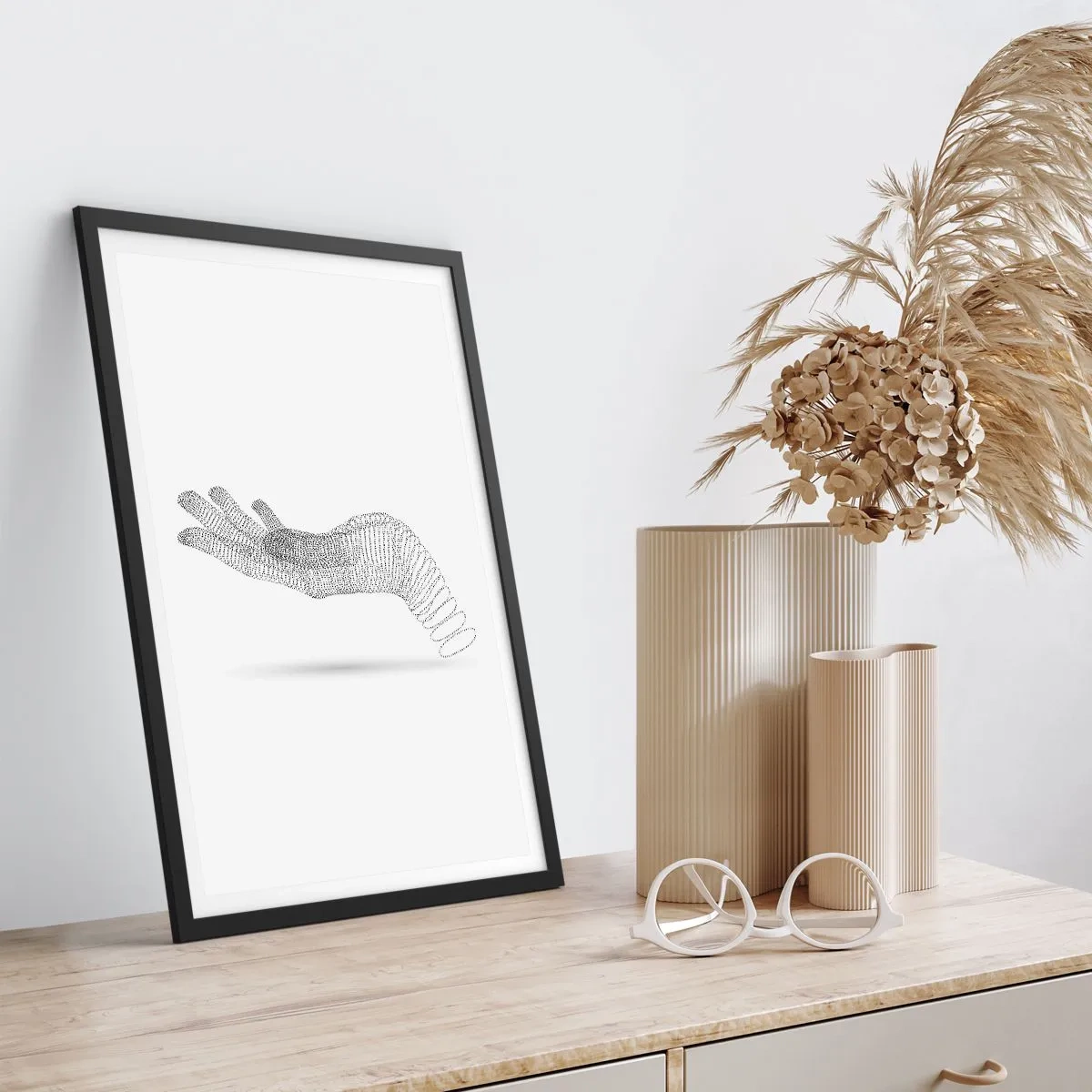 Pôster com moldura preta - Abstrato feito à mão com linhas sobre fundo branco - 50x70cm - Mão de mola - Decoração de parede moderna para a sala de estar e quarto ARTTOR