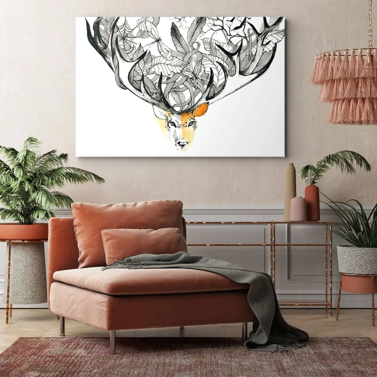 Quadro em tela - Gráfico sutil de veado com chifres decorativos - 70x50cm - Chifres da abundância - Decoração de parede moderna para a sala de estar e quarto ARTTOR
