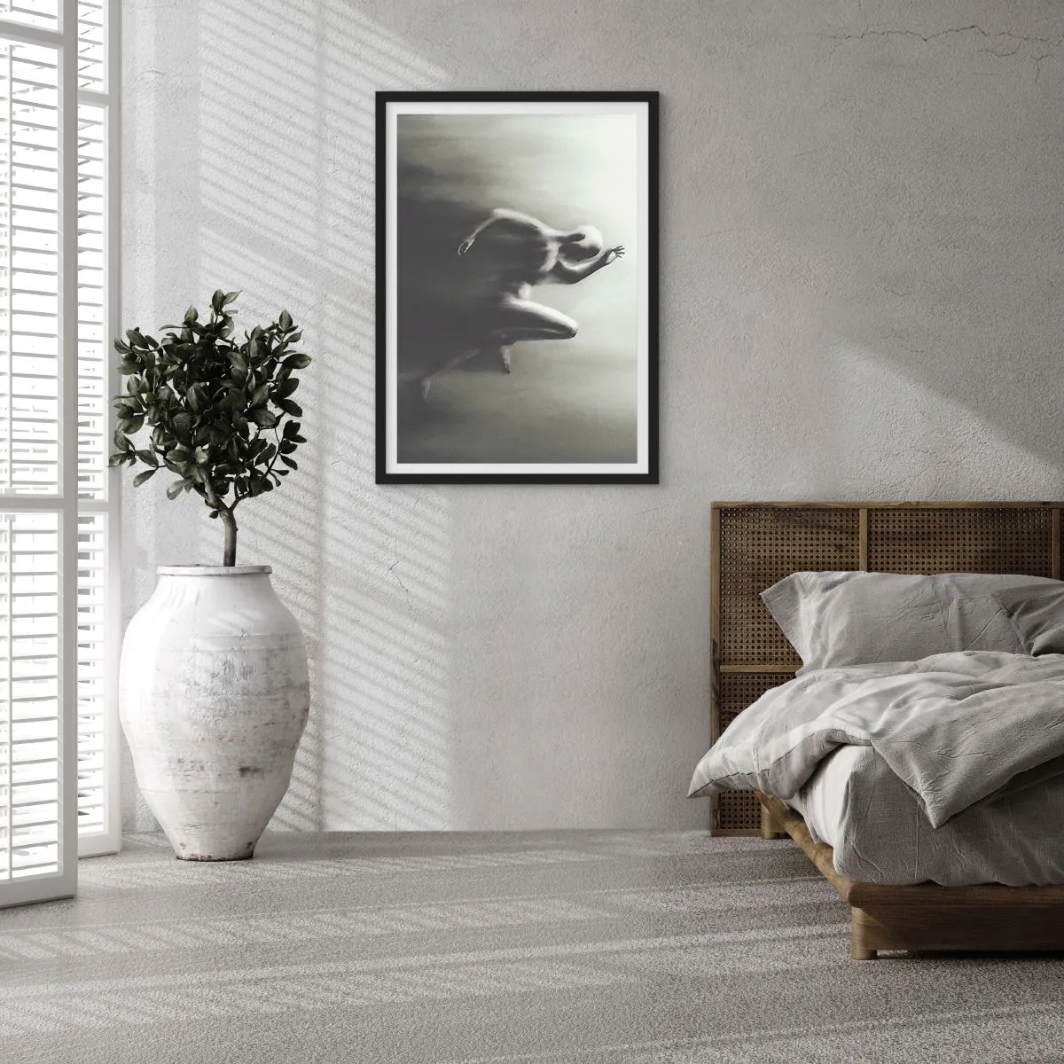 Pôster com moldura preta - Uma figura abstrata em movimento em tons monocromáticos. - 50x70cm - Irresistível - Decoração de parede moderna para a sala de estar e quarto ARTTOR