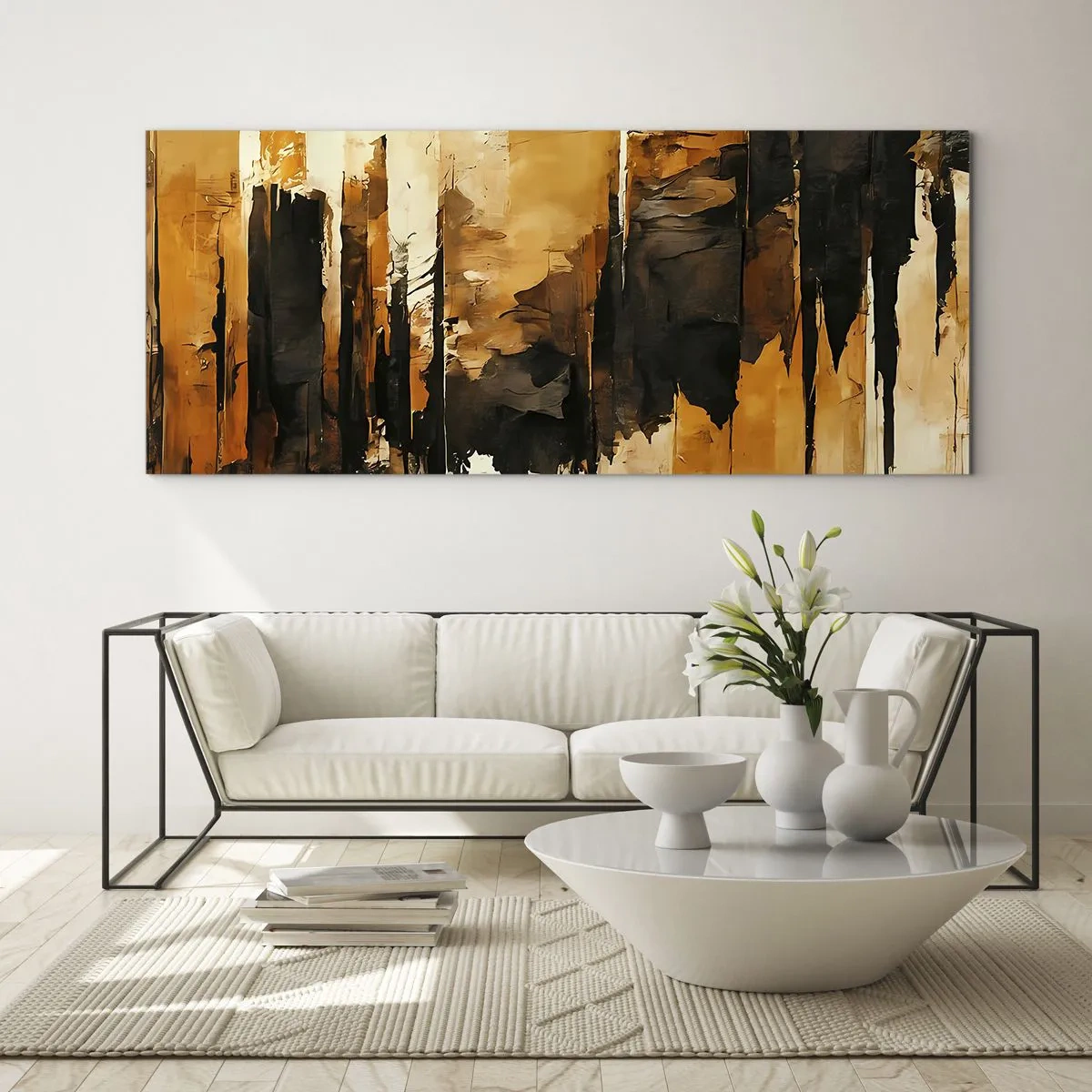 Quadro em vidro - Harmonia de preto e dourado - 100x40 cm