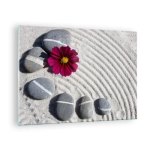 Quadro em vidro - Pedras com listras brancas e uma flor roxa na areia em estilo zen - 70x50cm - Energia e paz do círculo mágico da natureza - Decoração de parede moderna para a sala de estar e quarto ARTTOR