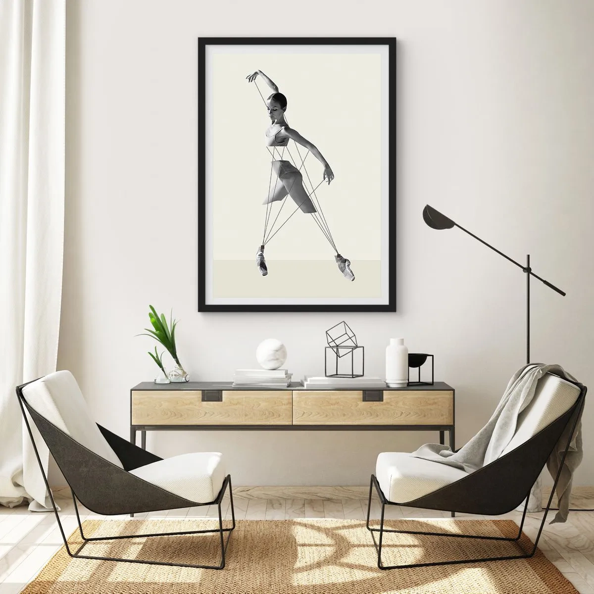 Pôster com moldura preta - Uma bailarina em uma composição artística com linhas geométricas - 50x70cm - No teatro do mundo - Decoração de parede moderna para a sala de estar e quarto ARTTOR