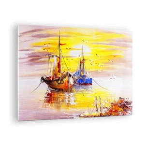 Quadro em vidro - Barcos de pesca ao pôr do sol em águas calmas - 70x50cm - Um merecido descanso no porto - Decoração de parede moderna para a sala de estar e quarto ARTTOR