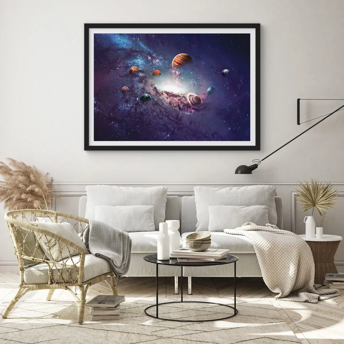 Pôster com moldura preta - Sistema da dança solar - 100x70 cm