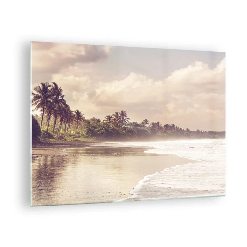 Quadro em vidro - Uma praia dourada com palmeiras e um oceano calmo sob a luz suave - 70x50cm - Carícia das ondas - Decoração de parede moderna para a sala de estar e quarto ARTTOR