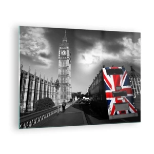 Quadro em vidro - Big Ben e um ônibus com uma bandeira britânica - 70x50cm - Grande e orgulhosa - Decoração de parede moderna para a sala de estar e quarto ARTTOR
