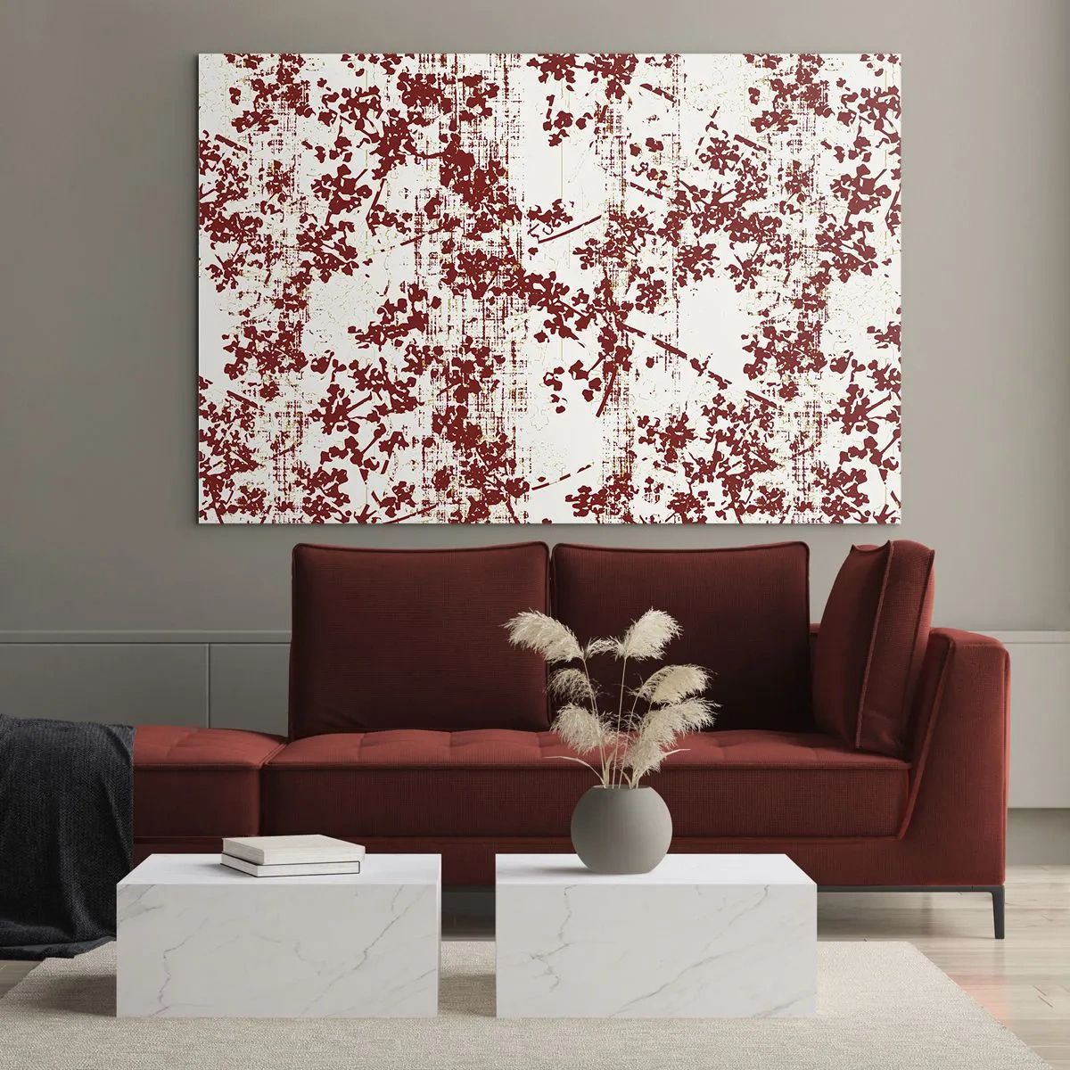 Quadro em vidro - Um padrão floral em vermelho sobre um fundo claro e desgastado - 70x50cm - Como chita antiga - Decoração de parede moderna para a sala de estar e quarto ARTTOR