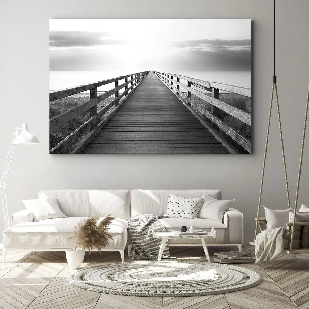 Quadro em tela - Uma imagem em preto e branco de um cais de madeira em direção ao horizonte. - 70x50cm - Para longe... - Decoração de parede moderna para a sala de estar e quarto ARTTOR