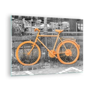 Quadro em vidro - Uma ilustração de uma bicicleta pintada de laranja sobre um fundo preto e branco. - 70x50cm - Vá, vou esperar aqui - Decoração de parede moderna para a sala de estar e quarto ARTTOR