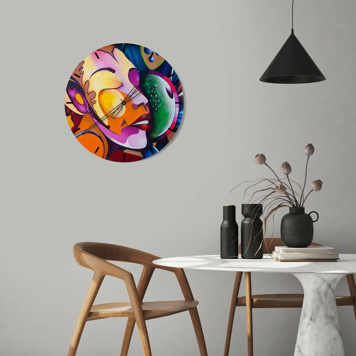 Relógio de parede - Relógio em vidro - Um retrato abstrato em cores vibrantes com formas surreais. - 30x30cm - Toque de cor - Decoração de parede moderna para a sala de estar, cozinha e quarto ARTTOR
