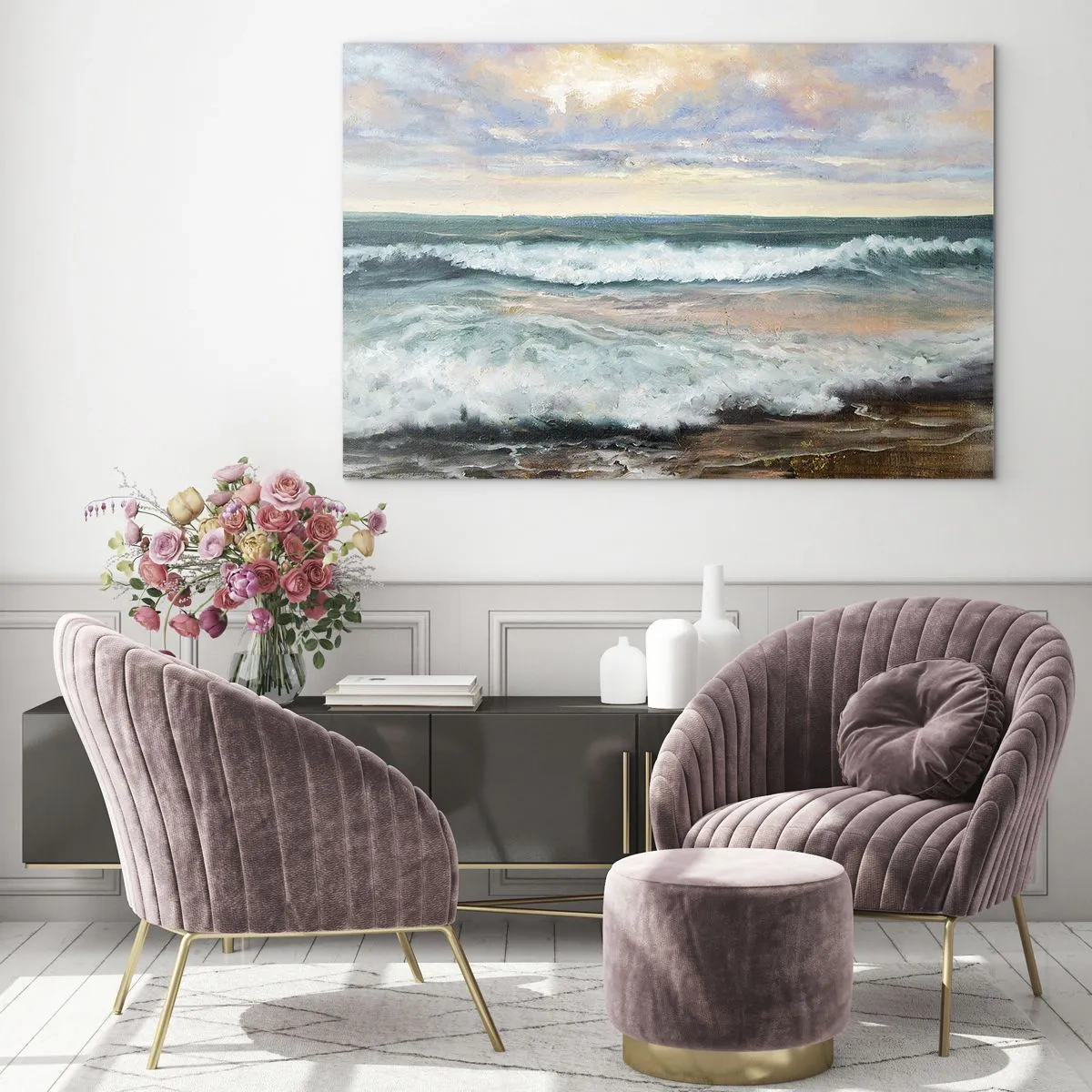 Quadro em vidro - Uma pintura representando ondas quebrando contra a costa - 70x50cm - Aqui suavizas a alma - Decoração de parede moderna para a sala de estar e quarto ARTTOR
