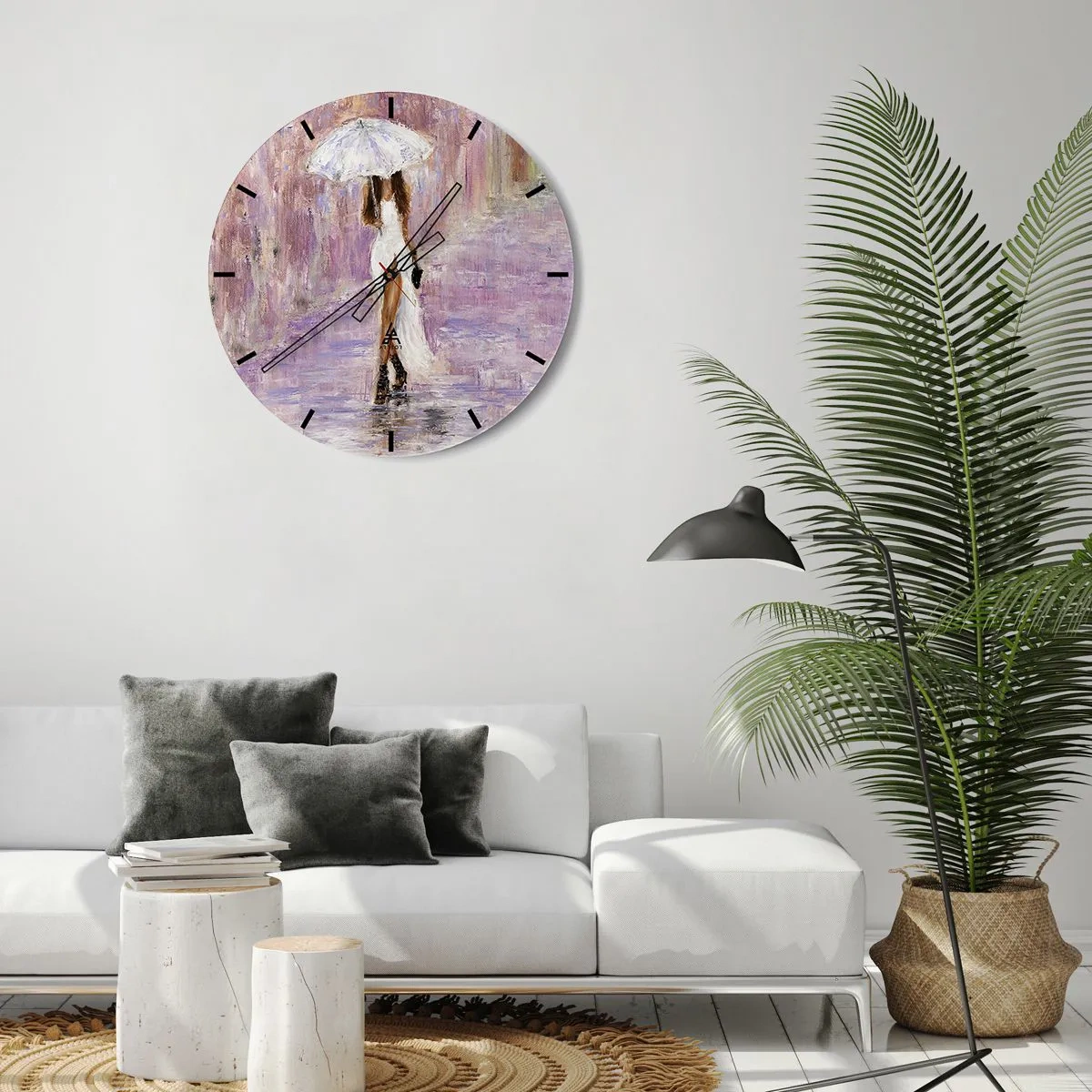 Relógio de parede - Relógio em vidro - A figura de uma mulher com um guarda-chuva na chuva, sobre um fundo lilás - 30x30cm - Na chuva lilás - Decoração de parede moderna para a sala de estar, cozinha e quarto ARTTOR