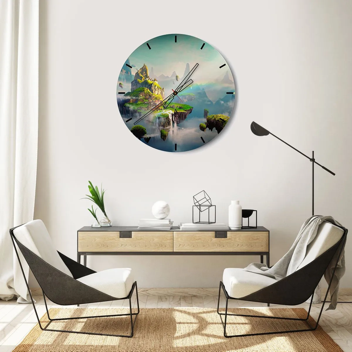 Relógio de parede - Relógio em vidro - Ilhas suspensas com cachoeiras e vegetação exuberante entre as nuvens - 30x30cm - Meio do céu - as ilhas felizes - Decoração de parede moderna para a sala de estar, cozinha e quarto ARTTOR