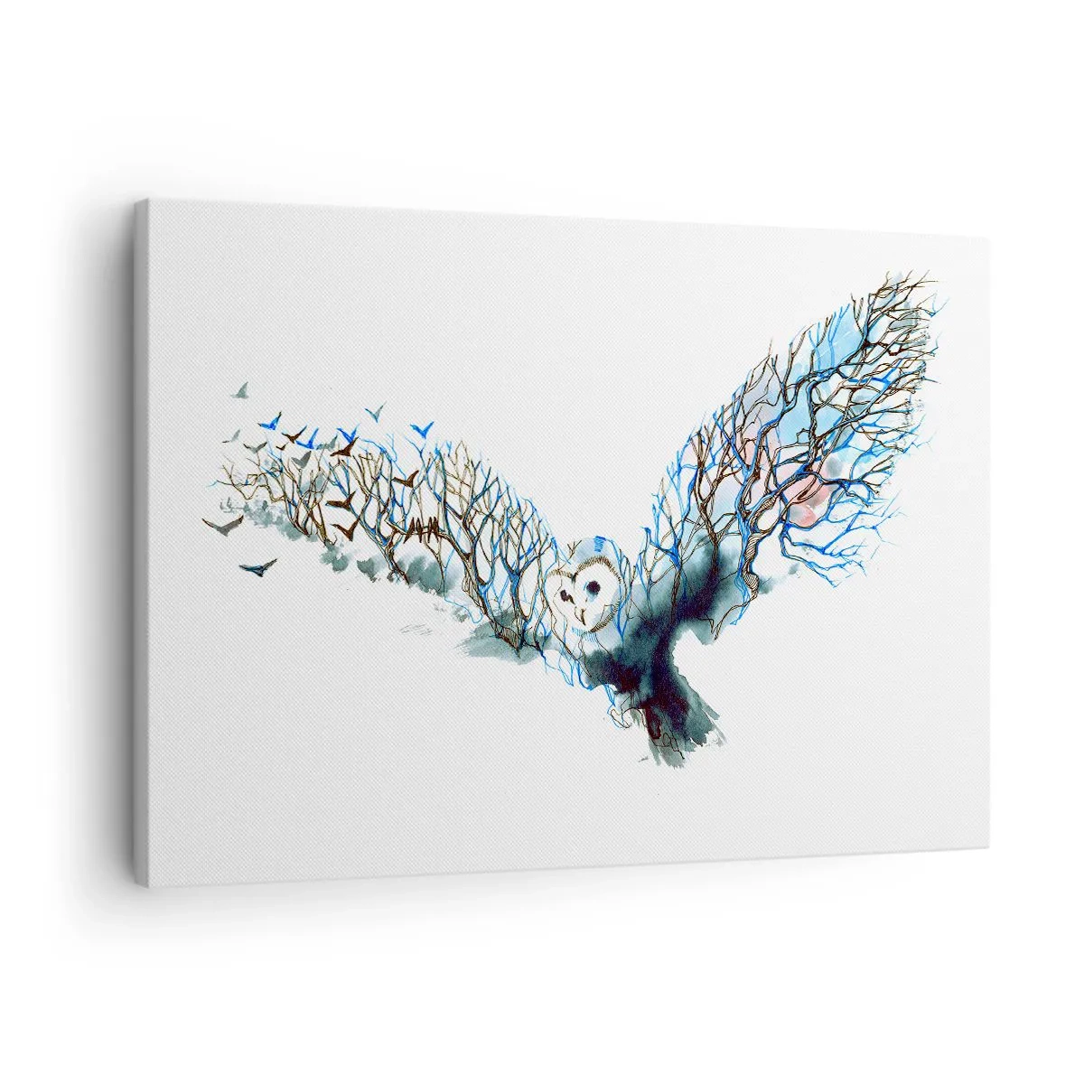 Quadro em tela - Gráfico artístico de uma coruja com asas abertas - 70x50cm - Nas asas da floresta - Decoração de parede moderna para a sala de estar e quarto ARTTOR