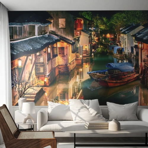 Papel de Parede Autocolante Deluxe Sticker - Uma noite em uma rua chinesa - Paisagem, Cidade, Ásia - 400x280 cm